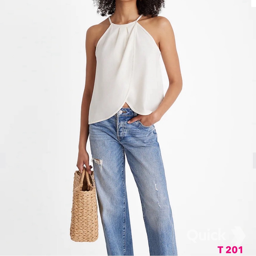 XS - NWT Express Linen-Blend Tie Halter Neck Pleated Split Hem Top - Picture 4 of 7